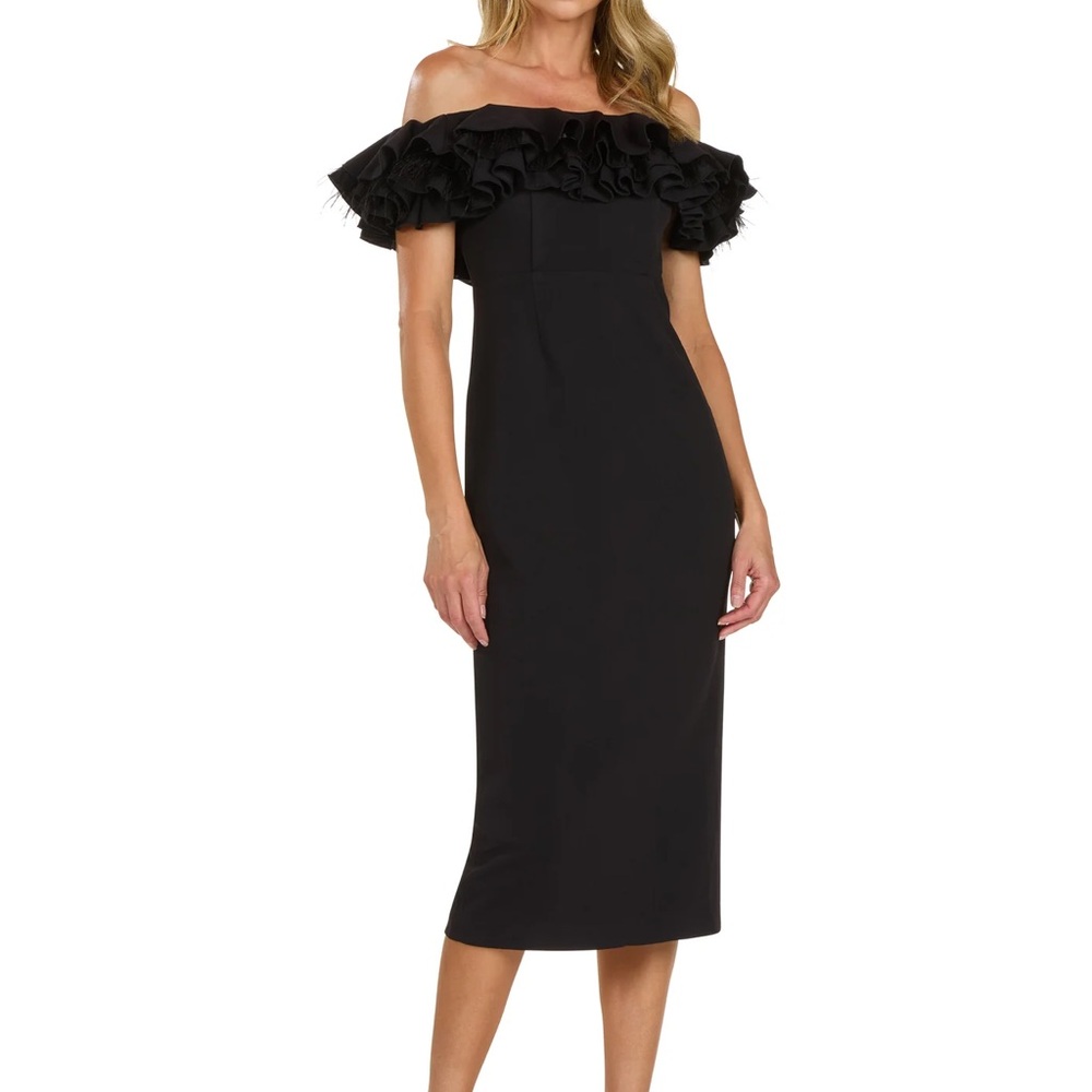 NWT Trish Scully black cocktail dress with ostrich feather ruffle trim size L